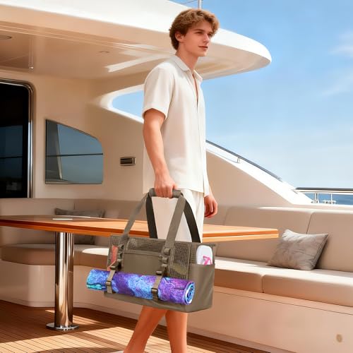 Yarwo Boat Gear Tote Bag, 35.5L Waterproof Boat Accessories Organizer with Marine-grade Coated Mesh and Wet Dry Pockets - color: Brown