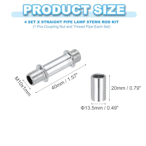 PATIKIL Straight Pipe Lamp Stems Rod Kit, 4Set M10 Carbon Steel 40mm(1.57") Long Double End Thread Rod with Coupling Nuts Sleeve Connector for Table Lamps Chandeliers, Silver Tone - color: Silver Tone, size: 40mm(1.57")