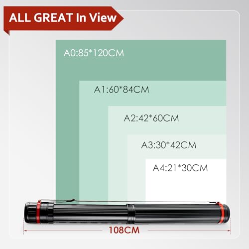 DEWEL Adjustable A0 Poster Tube 25.2"-42.5", Waterproof Plastic Black Storage Tube, Telescopic Poster Roll Artist Drawing Tube with Strap for Drawing, Blueprints, Maps, Flip Chart, Black - color: Black (Striped), size: Large