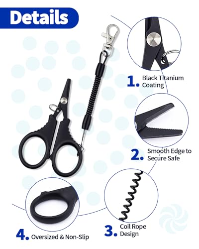 3 PCS Fishing Scissors, Stainless Steel Fishing Line Cutter &braided Line Cutter, Cutters with Titanium Coating-Fishing with Hook and Retractable Coil Lanyards Fishing Accessories (Black) - color: Black