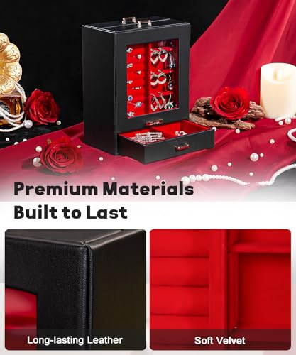 Homde Jewelry Organizer Girls Women Jewelry Box for Necklaces Rings Earrings Gift Bracelets Storage Case (Black + Red + Gold) - color: Black + Red + Gold