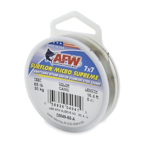 American Fishing Wire Surflon Micro Supreme Nylon Coated 7x7 Stainless Steel Leader Wire - Knottable Wire Leaders for Fishing Saltwater, Fly Fishing, 13lb Test - 90lb Test, Bright, Black & Camo Colors - color: Camo, style: 5 Meter, 65 Pound Test