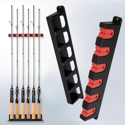 Axlksia Fishing Rod Holder Wall Mount, 1 Pair Fishing Pole Holders for Garage, Boats, 6 Fishing Rod Storage Racks (Vertical Red) - color: Vertical Red