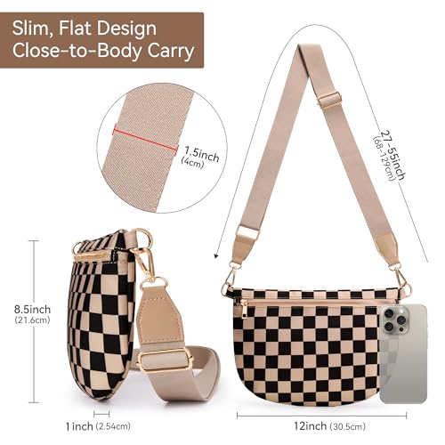 KALIDI Checkered Crossbody Bags for Women Travel Flat Fanny Packs for Woman Men Nylon Cross Body Purse Fashion Belt Bum Bag - color: Khaki Checkered