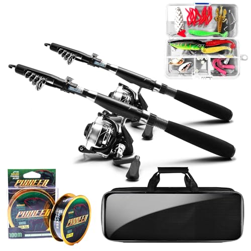 Fishing Pole and Reel Combo - 2PCS Carbon Fiber Telescopic Rods Spinning Reels Saltwater/Freshwater Kit with Lures, Line and Carrier Bag, Travel Fishing Gear for Adults - size: 5.9 FT
