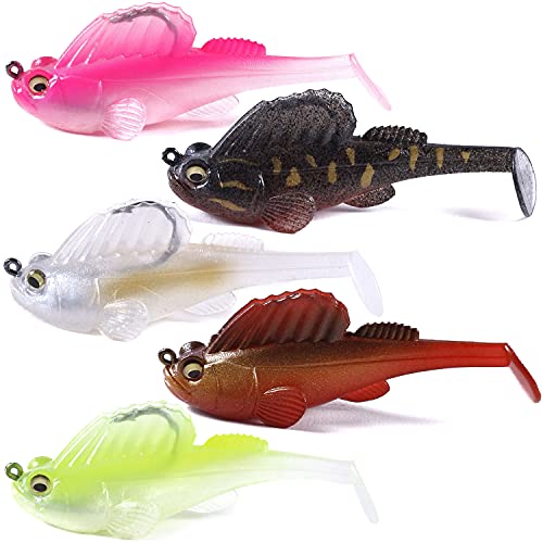 Weedless Soft Plastic Fishing Lures for Bass Trout - Paddle Tail Swimbaits With Hidden Pre-Rigged Sharp Hooks for Freshwater Saltwater - 5pcs Kit With Box - color: B:2.75in/0.5oz/5pcs