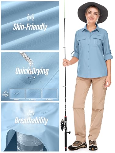 Women's UPF 50 Long Sleeve Sun Protection Shirts Safari Fishing Hiking - color: Blue, size: Medium