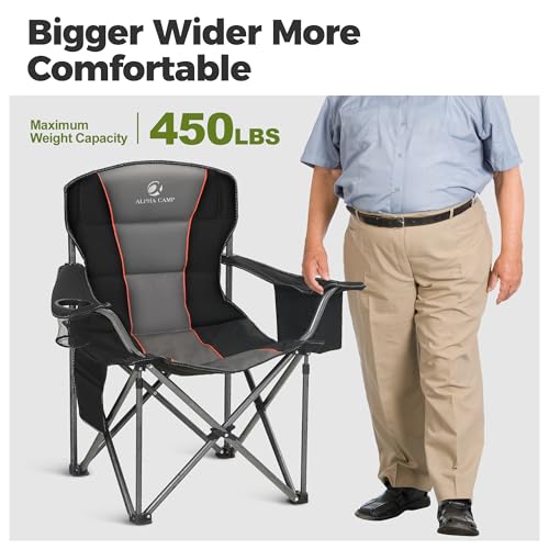 ALPHA CAMP Oversized Camping Chairs 500 LBS Capacity Fully Padded Heavy Duty Lawn Chair for Heavy People, Portable Outdoor Chair with Cooler Bag & Cup Holder for Camping, Fishing, Beach,2PC - color: Black