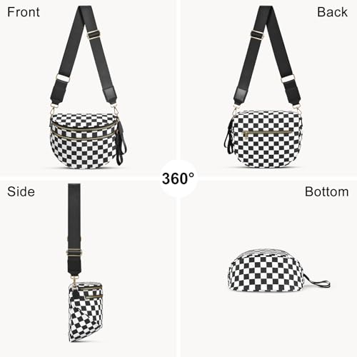 Checkered Nylon Crossbody Bag Bum Bag for Women Mom Large Checkered Fanny Packs with Adjustable Strap - color: Black Checkered