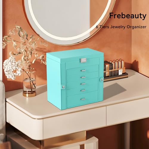 Frebeauty Large Jewelry Box,6-Tier PU Leather Jewelry Organizer,Multi-functional Storage Case with Mirror,Accessories Holder with 5 Drawers for Necklace Bracelets Watches(Turquoise) - color: Turquoise, size: Large