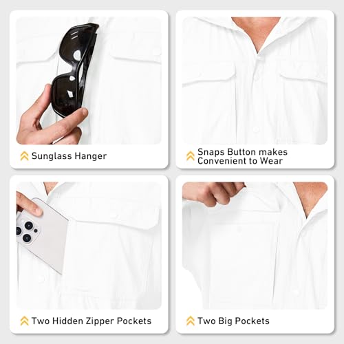 Mens Sun Protection Hiking Fishing Safari Shirts with Hood Long Sleeve Outdoor Quick Dry Shirts Hoodie - color: 5105 White, size: Medium