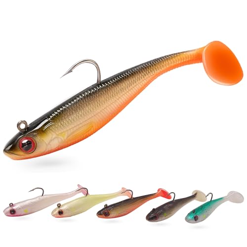 3 1/2" Pre-Rigged Jig Head Fishing Lures Pack of 5 - Soft Plastic Paddle Tail Swimbait with Hook for Freshwater and Saltwater