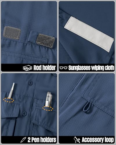 33,000ft Men's Fishing Shirts Lightweight Cool Quick Dry Sun Protection UV Short Sleeve Shirt for Casual Hiking Safari Travel - color: Navy, size: Large