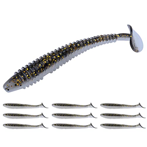 RUNCL Swimbaits Paddle 10/20/30/40PCS, 5/4/3/2 Inchs Paddle Tail, Soft Lure for Trout Crappie Bass, Durable Plastic Bait Swimmer for Saltwater/Freshwater, Fishing Lover's Gift - color: Black Gold, size: 5in, 10pcs
