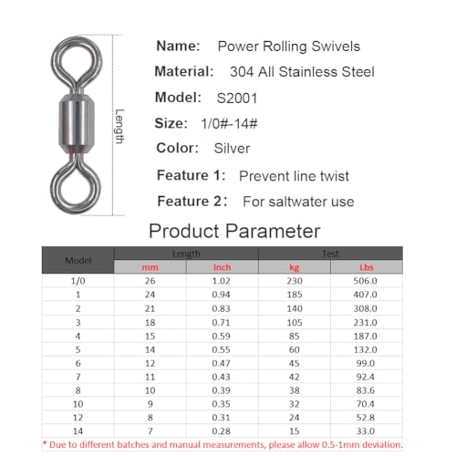 100 Pcs Fishing Swivels Saltwater, 100% 304 Stainless Steel Power Swivel Corrosion Resistance Barrel Swivels High Strength Freshwater Fishing Line Lure Leader Connectors - size: 5# 0.55" / 130LB