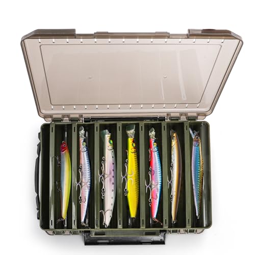 Noamus 3 Pack Double Sided Fishing Lure Boxes, 14 Compartments Fishing Tackle Organizer with 2 Buckle, Plastic Clear Storage Case, Visible Hard Bait Container for Jewelry Beads Earring Hook(3 Color)