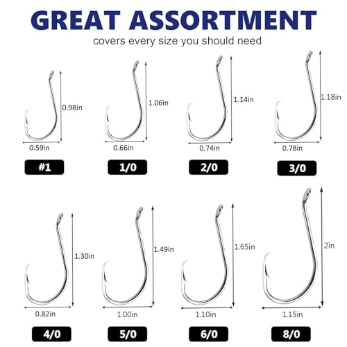 UCEC Circle Hooks Fishing Hooks 2X Strong Offset Circle Hooks Saltwater Black High Carbon Steel Octopus Catfish Hooks Fishing Gear Tackle 150pcs/ 240pcs - Size:#1 1/0 2/0 3/0 4/0 5/0 6/0 8/0 - color: Silver Assortment, size: 150pcs, #1 1/0 2/0 3/0 4/0 5/0
