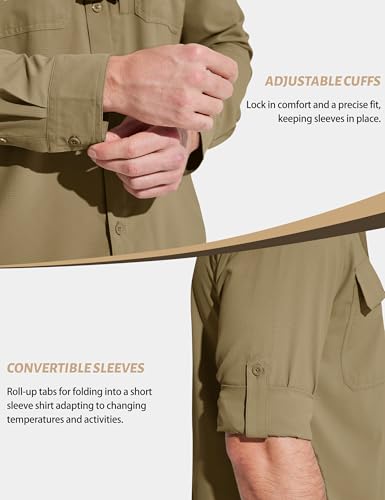MAGCOMSEN Men's Sun Protection Fishing Shirts Long Sleeve UPF 50+ Quick Dry Cooling Button Down Shirt for Hiking Safari - color: Khaki, size: XX-Large