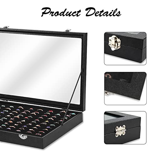 Ring Display Case Organizer Box with Transparent Lid, 100 Slots Ring Storage Display Box Case Tray Holder PU Leather Black - color: Black, size: Ring tray