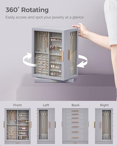 Glimmloop 360° Rotating Jewelry Box with 7 Drawers, Spacious Vertical Jewelry Organizer with Glass Window, Jewelry Storage Case, Dustproof & Moisture-resistant Design, Grey - color: Grey, size: 7 Drawers (6.2"D x 9.2"W x 12.7"H)