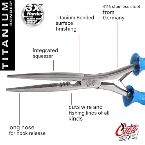 CUDA 10.25" Titanium Bonded Stainless Steel Freshwater Long Needle Nose Pliers #18113 Durable Fishing Hooks Remover, Ring Splitter with Crimper & Mono & Fluorocarbon Cutter