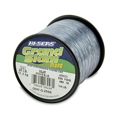 HI-SEAS Grand Slam Monofilament Fishing Line - Strong & Abrasion Resistant in Clear, Pink, Green, Smoke Blue, Fluorescent Yellow Freshwater & Saltwater – Quarter Pound Spool - color: Smoke Blue, style: 25 Lb Test, 0.50 Mm Dia, 535 Yd