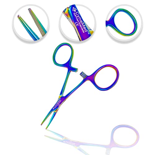 Cynamed Mosquito Hemostatic Forceps with Multicolor/Rainbow Titanium Coating - Premium Quality - Hemostat Clamping Pliers with Serrated Jaws - 3.5 in. (Straight) - style: Straight