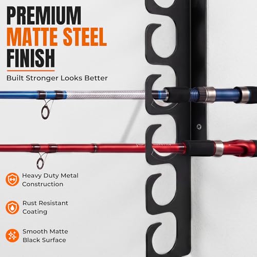 Ahomiwow Ceiling Fishing Rod Holder Pole Vertically Horizontally Rack Overhead Storage Hooks Hanger Keeper Metal Organizer Display Wall Mounted Stores Holds up to 16 Rods Racks for Garage Basement