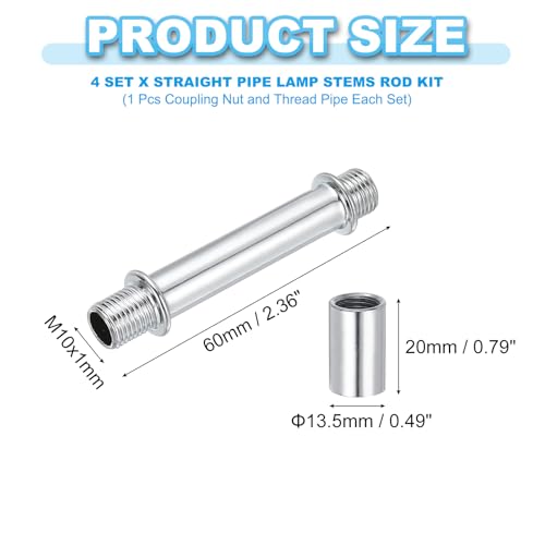 PATIKIL Straight Pipe Lamp Stems Rod Kit, 4Set M10 Carbon Steel 60mm(2.36") Long Double End Thread Rod with Coupling Nuts Sleeve Connector for Table Lamps Chandeliers, Silver Tone - color: Silver Tone, size: 60mm(2.36")