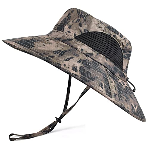 Wide Brim Sun Bucket Hat, Waterproof Boonie Hat for Men & Women | UPF 50+ UV Protection, Adjustable Fit, Chin Strap & Sweatband, Foldable Durable for Fishing Hiking Garden Beach - color: 05 Khaki (Camo)