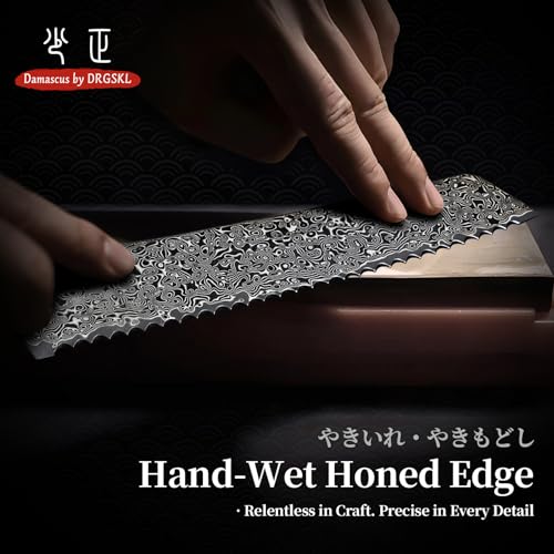 DRGSKL Damascus Serrated Bread Knife - VG10 Serrated Knife for Homemade Bread - Japanese G10 Handle - Slicer Knives with Wide Wavy Edge for Sourdough Baguette - with Gift Box - size: 7.8 inch