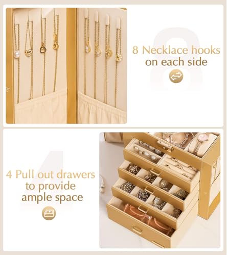Homde Synthetic Leather Huge Jewelry Box Mirrored Watch Organizer Necklace Ring Earring Storage Lockable Gift Case (Gold) - color: Gold