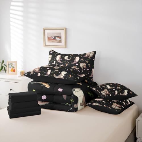 Erosebridal Sea Otters Comforter Set with Sheets Full Size Koi Fish 7-Piece Bedding Set for Kids Boys Girls Lap Otter Cute Natural Farmhouse Leaves Beige Black Lightweight Bed in A Bag - color: Beige Black, size: Full
