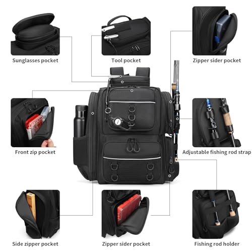 WANOON Waterproof Fishing Backpack with 2 Rod Holders, Fits Tackle Boxes | 42L Large Capacity Black Fishing Bag, Multiple Pockets for Organized Storage, Ideal for Outdoor Fishing - color: Black, size: 42L-Without Tackle Boxes