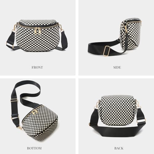 Woven Vegan leather Crossbody Bags For Women, Checkered Fashion PU Bum Bag Waist Pack, Travel Sling Purse with Adjustable Strap（Black) - color: White and Black