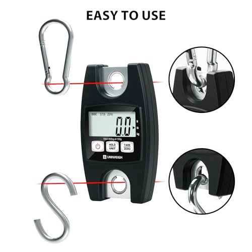 UNIWEIGH Digital Hanging Scale 660lb/300kg Handheld Crane Scales | Industrial Scales with Hooks,Luggage Scales with LCD/Hold/Tare for Weighing,Farm Hunting,Fishing Outdoor,Suitcases(Black)