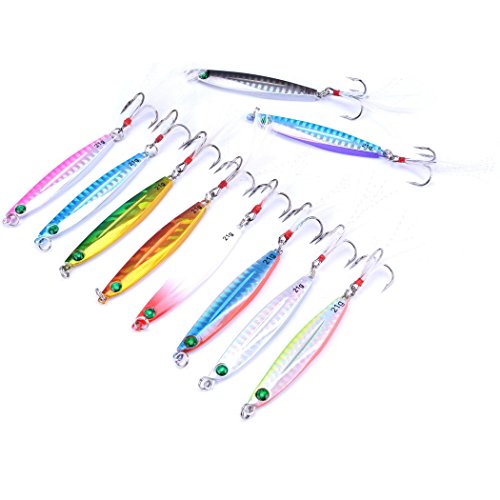 Aorace 10pcs Hard Metal Jigs Diving Sea Fishing Lures Minnow Popper Baits Tackle Crankbait Saltwater Freshwater Lures with Feather - color: 10pcs 7cm/21g