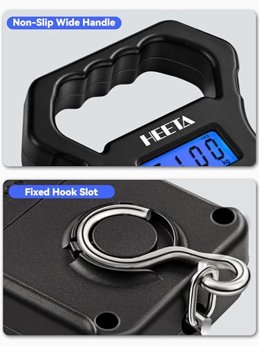 HEETA Fish Scale, 110lb/50kg Digital Portable Hanging Fishing Weight Scale with Backlit LCD Display, Luggage Scale with Hook, Non-Slip Large ABS Handle & 2 AAA Batteries, Fishing Gifts Gear for Men - color: Black