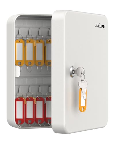 Uniclife 28 Position Key Cabinet with Key Lock Wall Mounted White Security Storage Box Steel Key Organizer with Colorful Key Tag Labels Stickers and Hooks - color: White, size: 28-Key