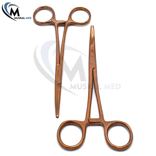 Set of 2 Curved & Straight 6.25" Hemostat Set (Rose Gold) - Stainless Steel Locking Tweezer Clamps - Ideal Hemostats for Nurses, Fishing Forceps, Crafts and Hobby