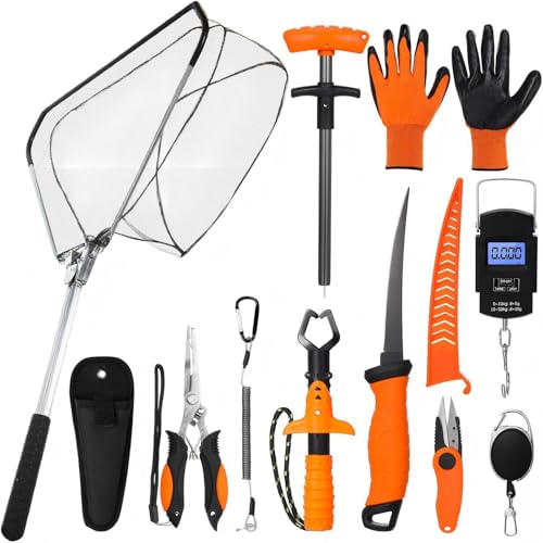 RoundFunny 10 Pcs Fishing Tool Kit, Fishing Pliers with Lanyard and Protective Sheaths, Landing Net, Fillet Knife, Fish Scale, Gripper, Hook Remover, Braid Scissors, Gloves for Men Dad Gift - color: Orange
