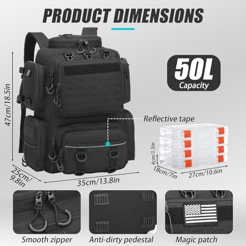 Tactical Fishing Backpack with Tackle Boxes, Rod Holders & Bottle Holder, 50 L Large Tackle Box Backpack with Cooler, Fishing Tackle Bag with Trays Store Gear & Equipment, Black - color: Black