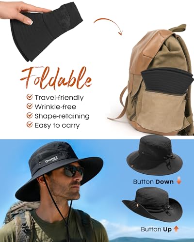 FURTALK Mens Bucket Sun Hat UPF 80+ Wide Brim Hiking Fishing Beach Outdoor Hats - color: Black