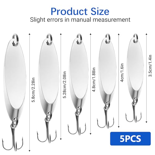 Fishing Lures Spoons, Trout Lures 5pcs/30pcs Hard Metal Spinner Bass Baits 5 Sizes Casting Spoon Hooks for Salmon Bass in 1/5oz 1/4oz 3/8oz 1/2oz 3/4oz - color: 5PCS-7g/10g/14g/18g/21g