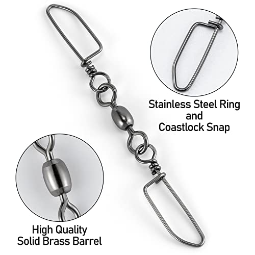 Alwonder 30-Pack Double Snap Swivels, Trolling Planer Board Line Release Clips, High Strength Stainless Steel Coastlock Snaps with Black Nickel Coating, Saltwater Barrel Swivels Connector - size: #4 * 2-77LB