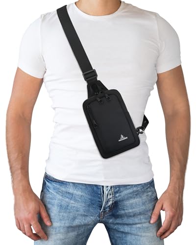 Peicees Small Crossbody Sling Bag Chest Bag Dual Pocket Water Resistant Fanny Pack Running Phone Holder for Men Women Workout Travelling, Black - color: Black