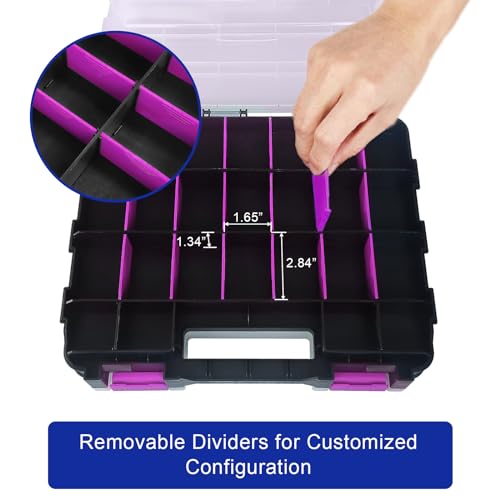 Tools Organizer Box Small Parts Storage Box 50-Compartment Double Side Hardware Organizers with Removable Plastic Dividers for Screws, Nuts, Nails, Bolts, Purple - color: Purple