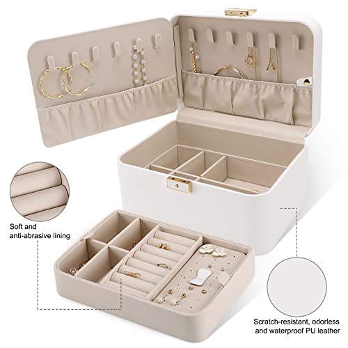 KAMIER Travel Jewelry Box, 2 Layers PU Leather Portable Jewelry Organizer, Large Capacity, Double Lock and Large Mirror, Hidden Necklace Hooks, Removable Dividers, Gift Box Packaging, White - color: White, size: mirror
