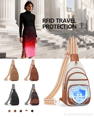 Anti Theft Crossbody Bags for Women RFID Leather Sling Purses,Crossbody Bags Travel Leather Fanny Pack for Women - color: Beige＆brown