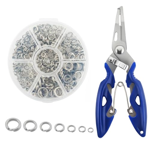350pcs Flattened Split Rings Kit: 7-Sizes High Strength Steel Fishing Split Rings with Plier Set for Saltwater Lure Hook Connector - color: Silver